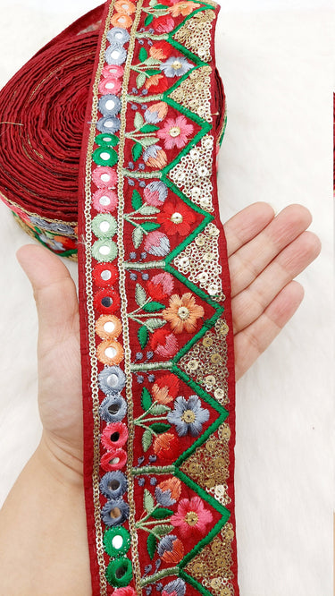 Floral Embroidered Velvet Trim Indian Sari Border, Sequin Trimming, Sequinned Lace